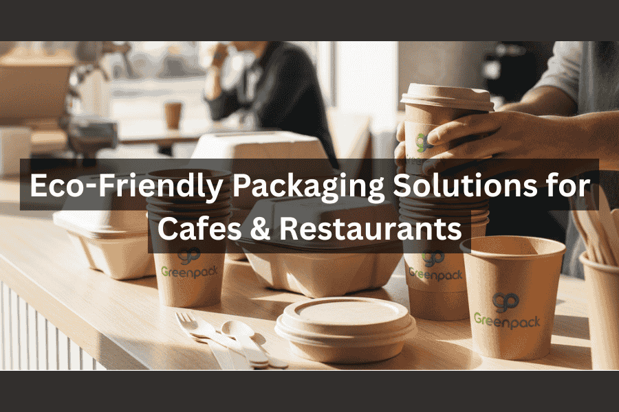 A variety of Greenpack eco-friendly products including paper cups, takeout boxes, and wooden cutlery on a cafe counter.