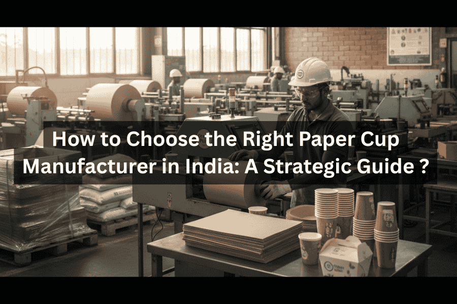 Industrial factory floor in India with workers and machinery producing paper cups and sustainable packaging.