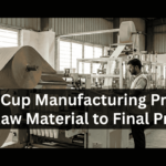 An industrial paper cup making machine processing a large paper roll into finished cups with a technician supervising.