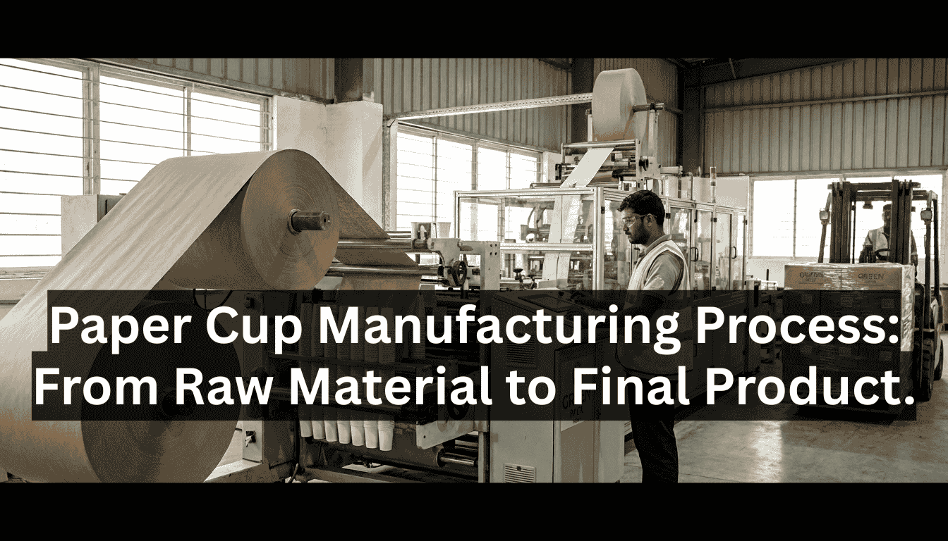 An industrial paper cup making machine processing a large paper roll into finished cups with a technician supervising.