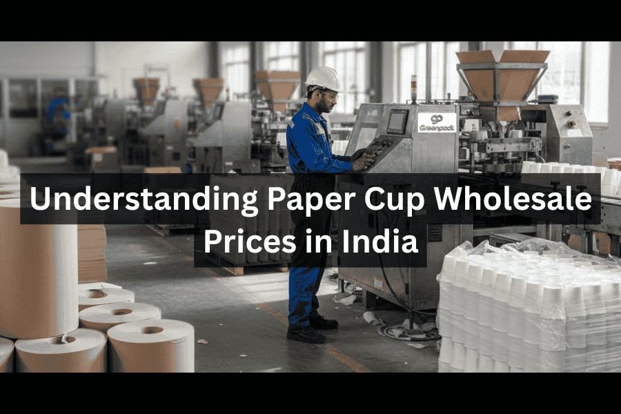 A factory operator managing a high-speed paper cup machine with large paper rolls and finished bulk-packed cups in the foreground.