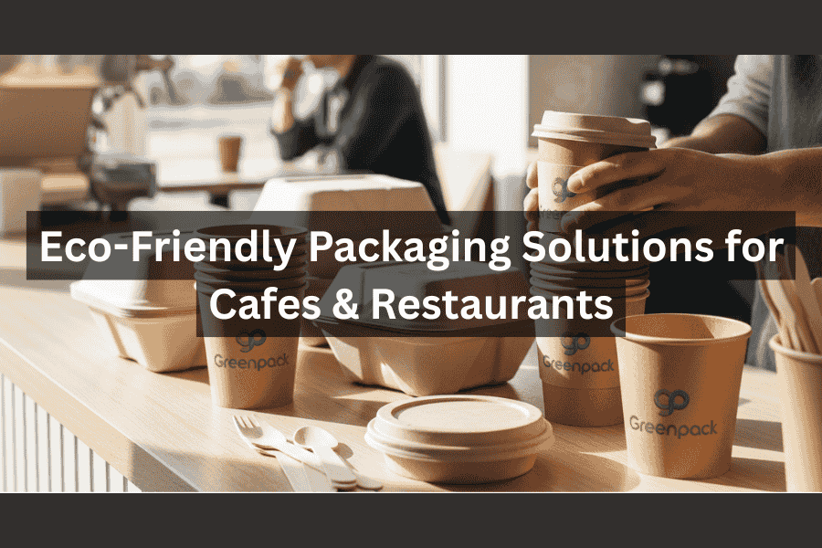 A variety of GreenPack India  eco-friendly products including paper cups, takeout boxes, and wooden cutlery on a cafe counter.